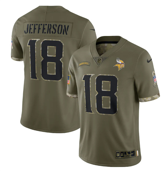 Men's Minnesota Vikings #18 Justin Jefferson 2022 Olive Salute To Service Limited Stitched Jersey